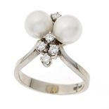 Pearl-brilliant ring WG 585/000 with 2 white Akoya pearls 7 mm and 5 brilliant-cut diamonds, total