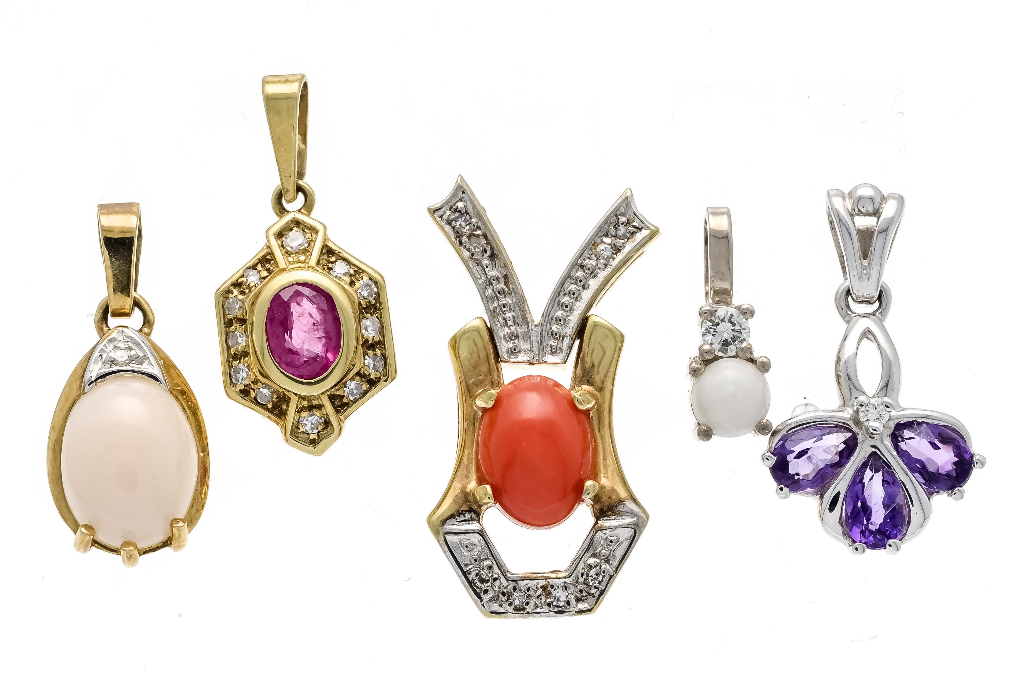 5-piece pendant collection GG/WG 585/000 with different colored stones, including ruby, amethyst,