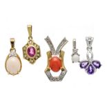 5-piece pendant collection GG/WG 585/000 with different colored stones, including ruby, amethyst,