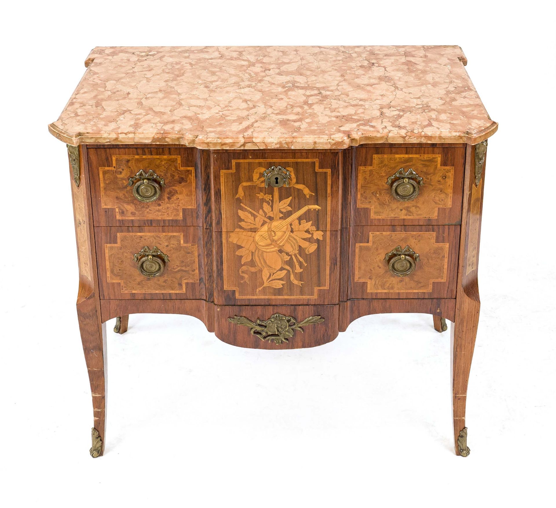Classicist-style chest of drawers, 20th century, walnut and other precious woods, rose-colored stone