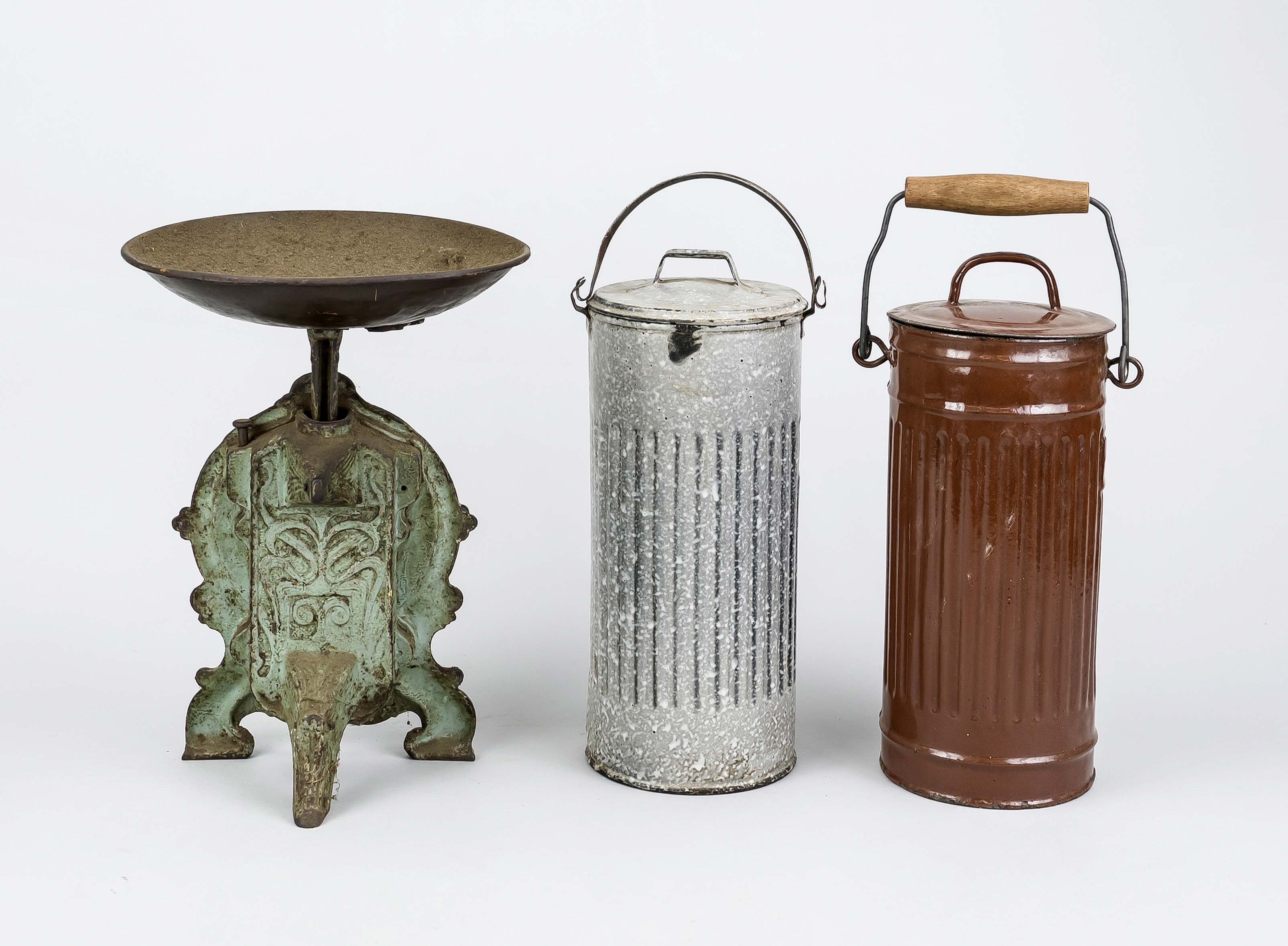 Historical scales and 2 storage containers. Scales late 19th century, cast iron, inscribed ''