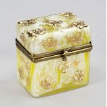 Lidded jar, c. 1900, yellow glass, mottled white, with applied lucky clover decoration, rubbed, 6