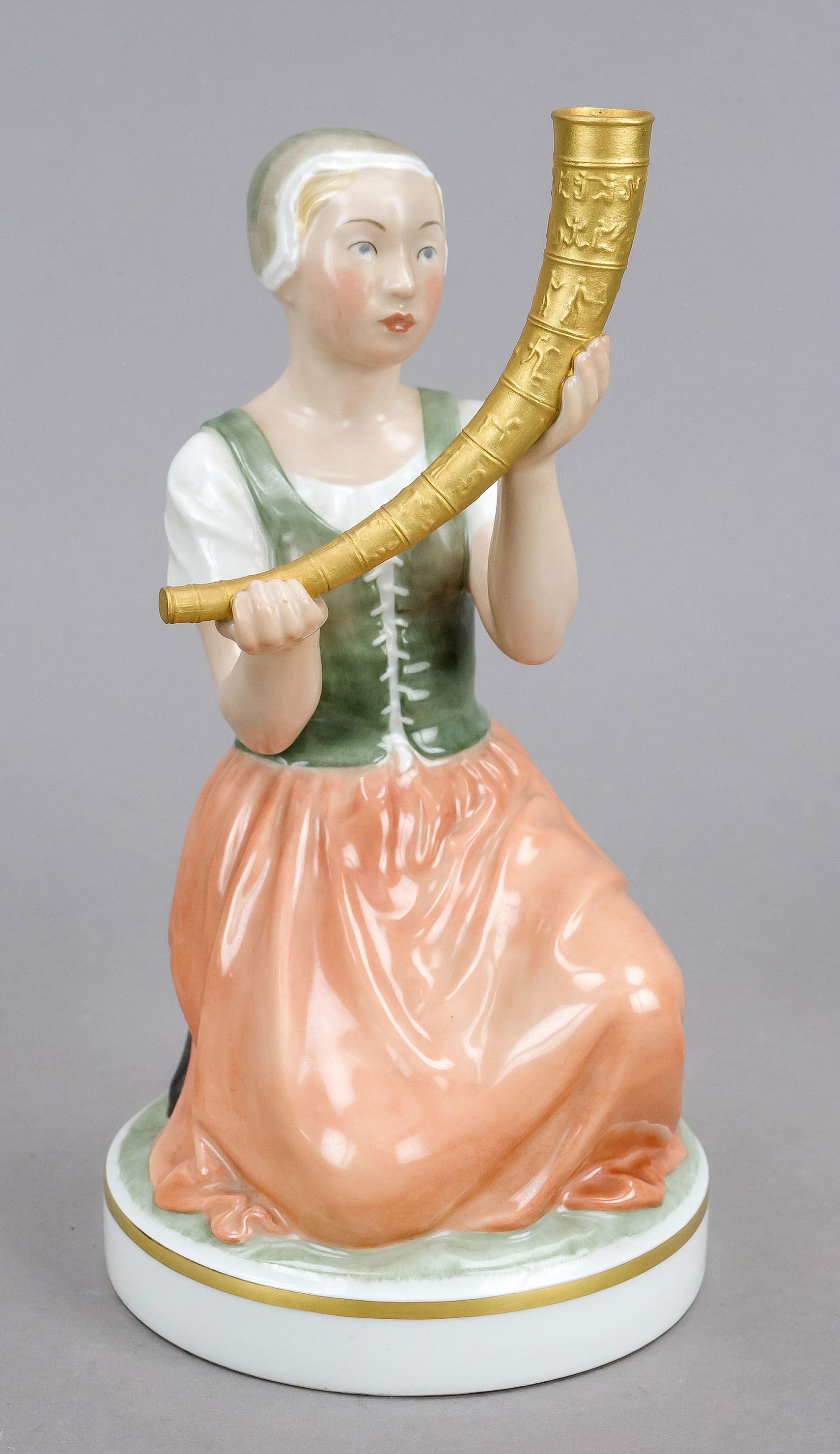 Kneeling girl with horn, Royal Copenhagen, 1946, inscribed on the base ''Kristine Svensdatter