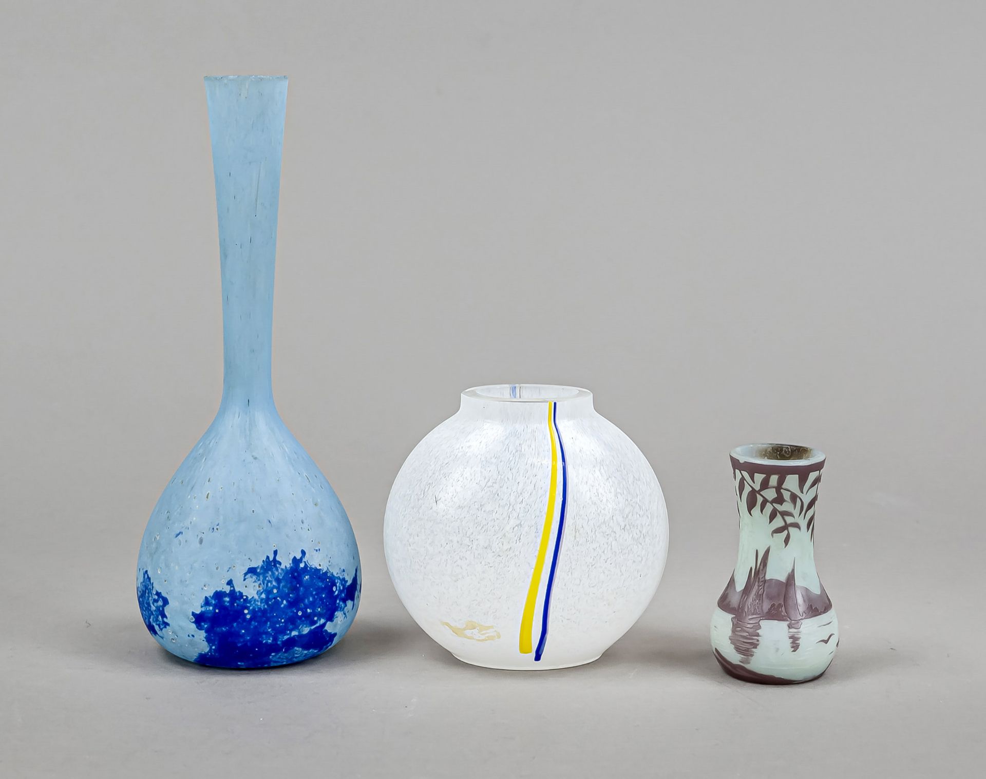 Three small vases, 1x Sweden, Kosta Boda, design Bertil Vallien, 1x France, J. Michel Paris, 1x