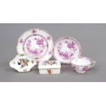 Mixed lot, 5-piece, Herend, 20th century, tea set, Ozier shape, Inischer Korb decoration, painted in