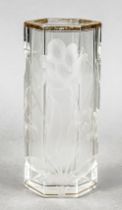 Vase, early 20th century, hexagonal stand, straight angular body, clear glass with floral cut