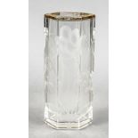 Vase, early 20th century, hexagonal stand, straight angular body, clear glass with floral cut