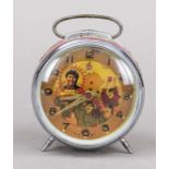 rare alarm clock from China, around 1975, red case partly chrome-plated with bracket, dial with