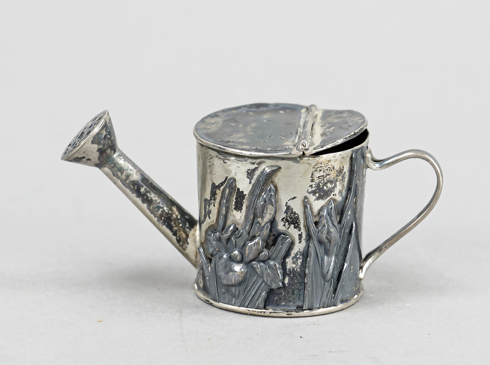 Miniature watering can, East Asia (?), early 20th century, cylindrical form, wall with floral relief