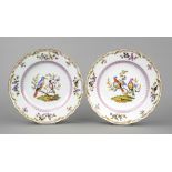 Two plates, Meissen, Knauff Schwerter 1850-1924, 1st choice, polychrome bird painting in the