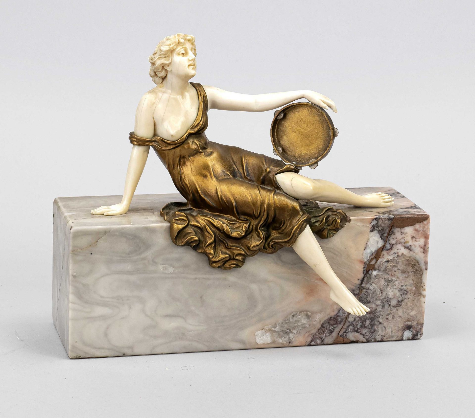 Ferdinand Preiss (1882-1943), reclining woman with tambourine and bare breast, patinated bronze