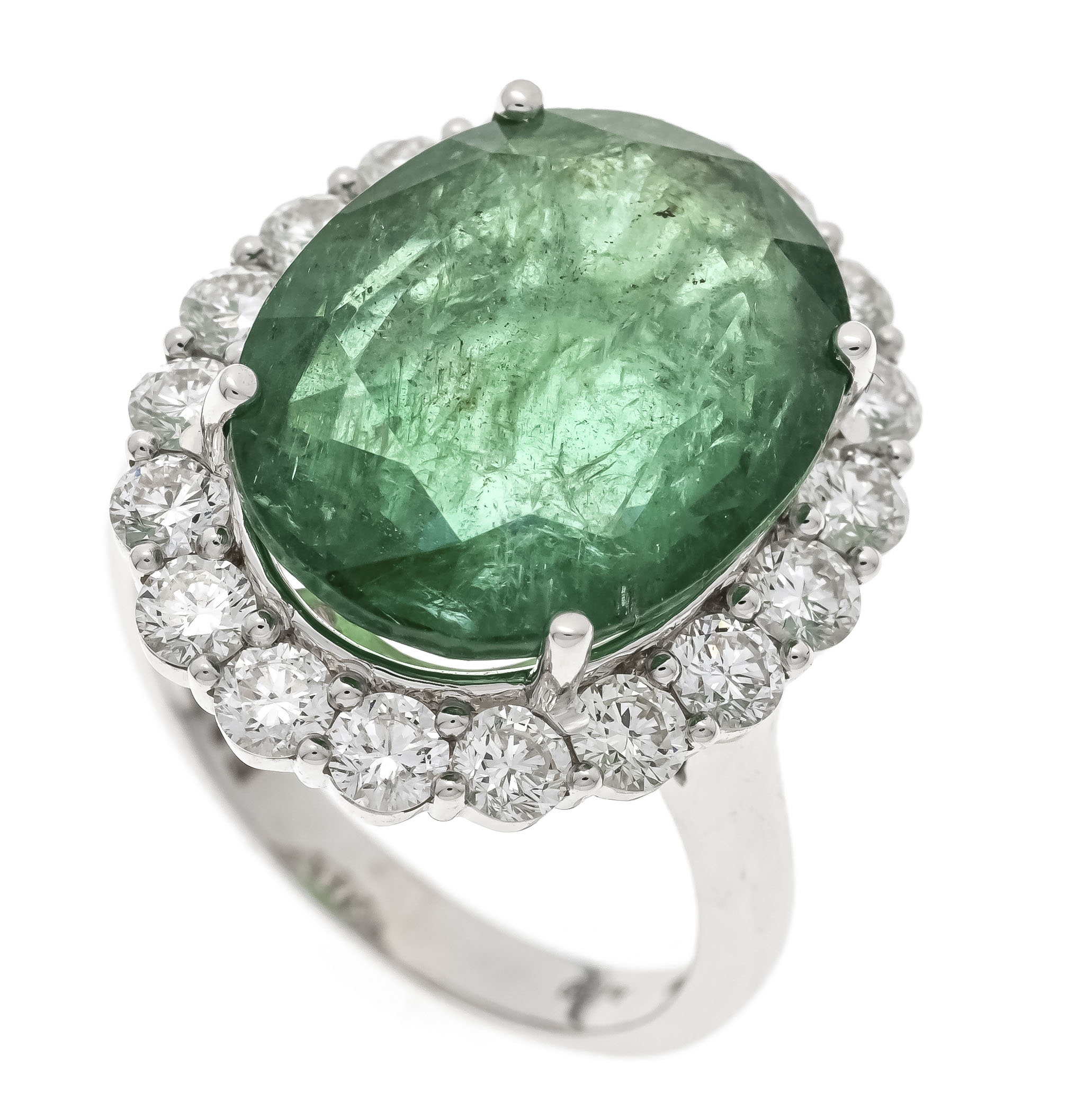 Emerald-brilliant ring WG 750/000 with an oval fa. Emerald 8.78 ct in a bright green, transparent