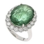 Emerald-brilliant ring WG 750/000 with an oval fa. Emerald 8.78 ct in a bright green, transparent