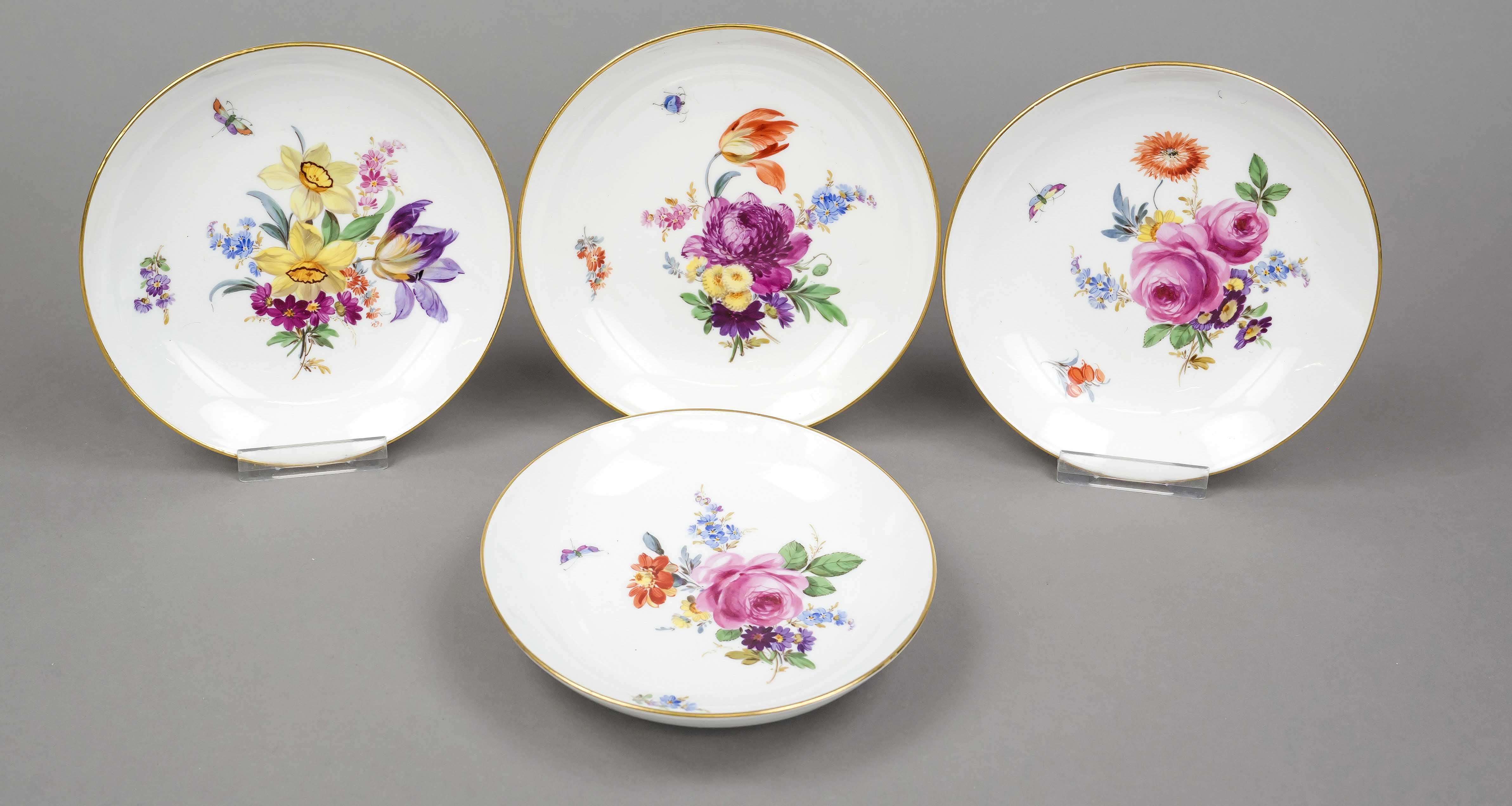Four saucers, Meissen, marks after 1934, 1st choice, smooth form, polychrome flower and insect