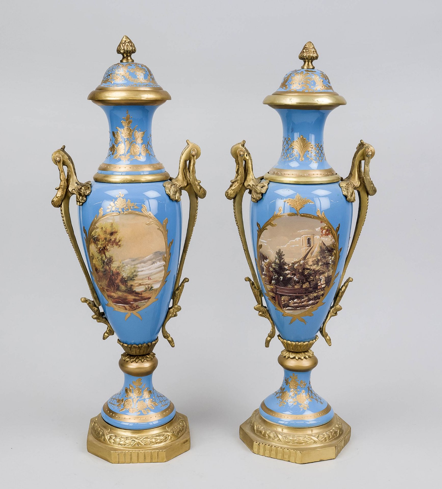 Pair of Sèvre-style ceremonial vases, 20th century Light blue-round lidded vase with bronze - Image 2 of 2