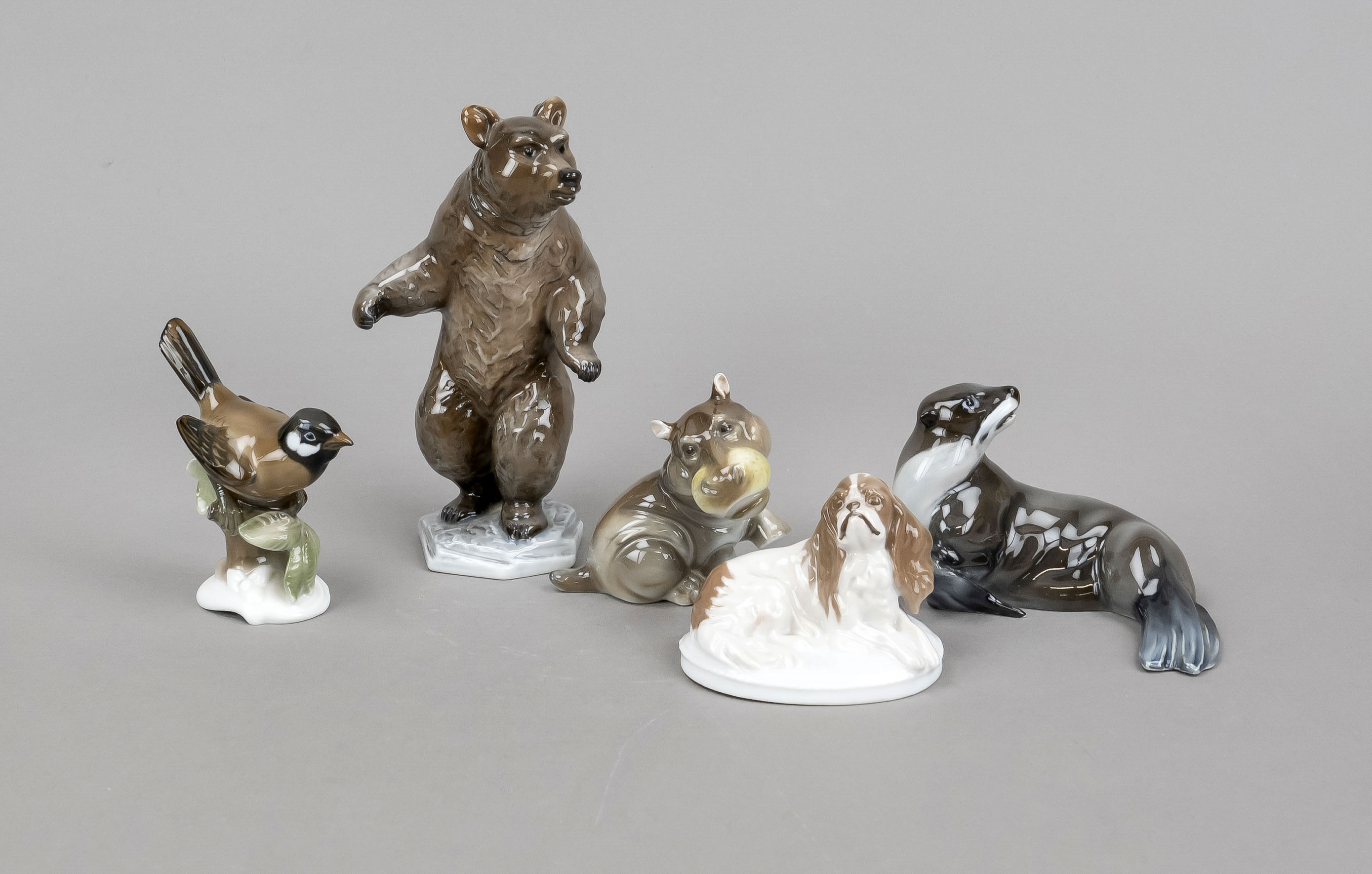 Five animal figurines, Rosenthal, Selb, 20th century, seal, designed by Fritz Diller, model no. 302,