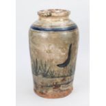 Vase with birds, stoneware, painted and glazed. Decorated all around with striding birds and plants,