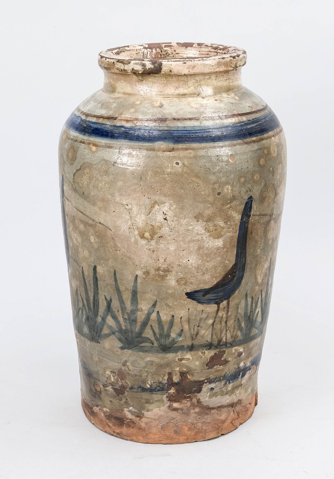 Vase with birds, stoneware, painted and glazed. Decorated all around with striding birds and plants,