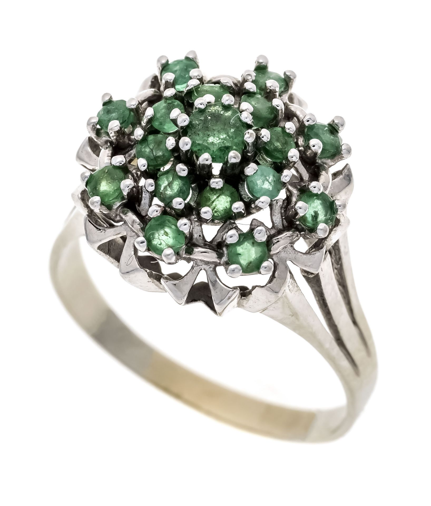 Emerald ring WG 585/000 with 17 round faceted emeralds 3.3 - 2.2 mm green, translucent - opaque,