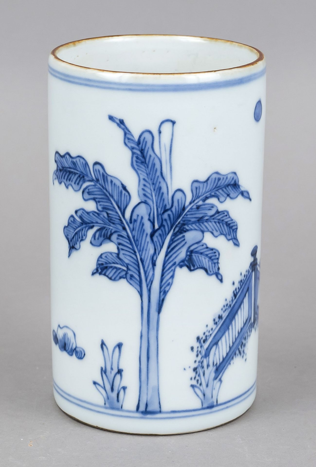 Kangxi style brush cup (Bitong), China. Revolving decoration in cobalt blue with quilin/dragon in - Image 2 of 2