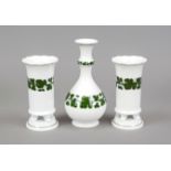 Three vases, Meissen, late 20th century, 1st choice, decorated with vine leaves in underglaze green,