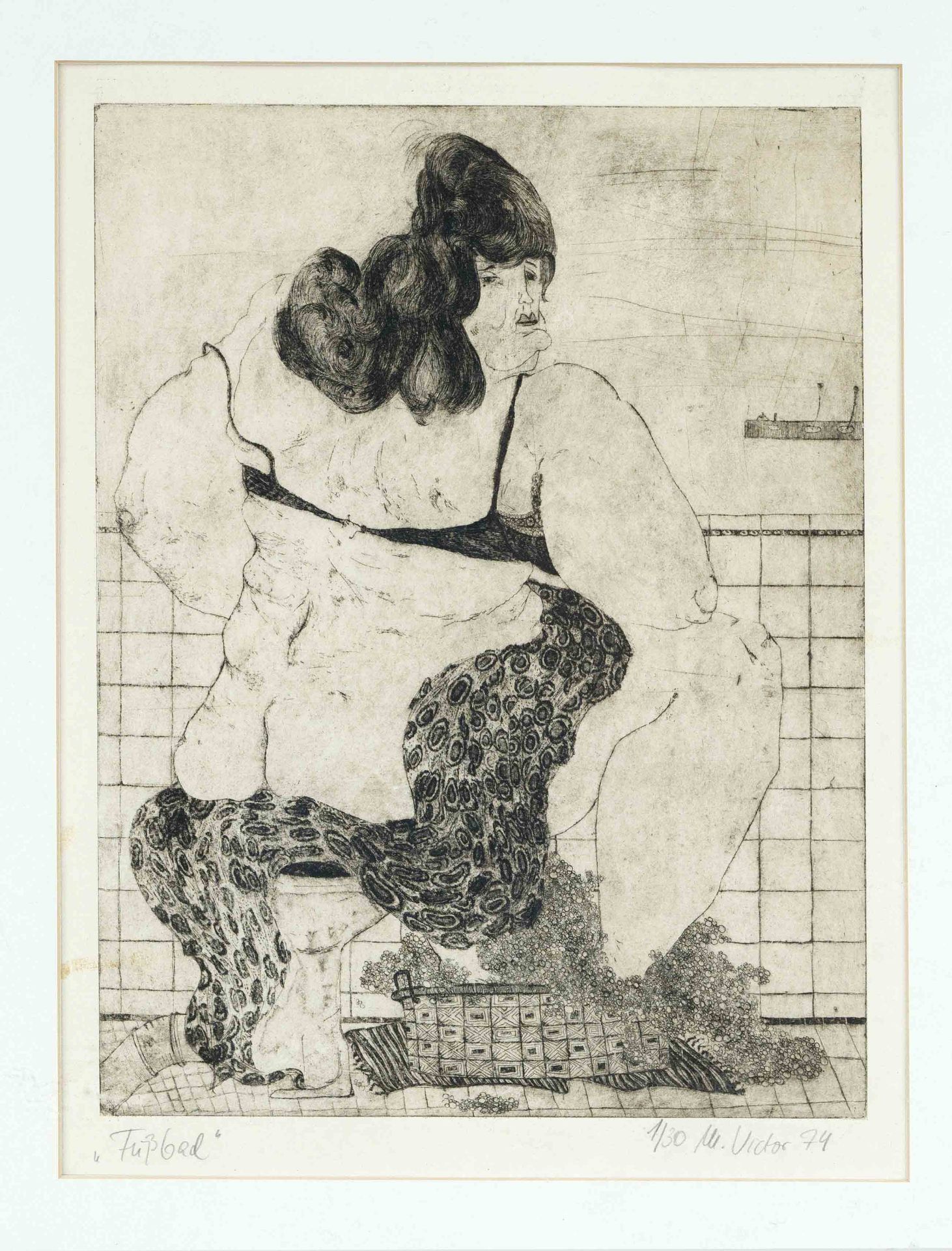 M. Victor, graphic artist c. 1972, three figurative etchings, ''Ästhel'', ''Adam'' and ''Fußbad'',