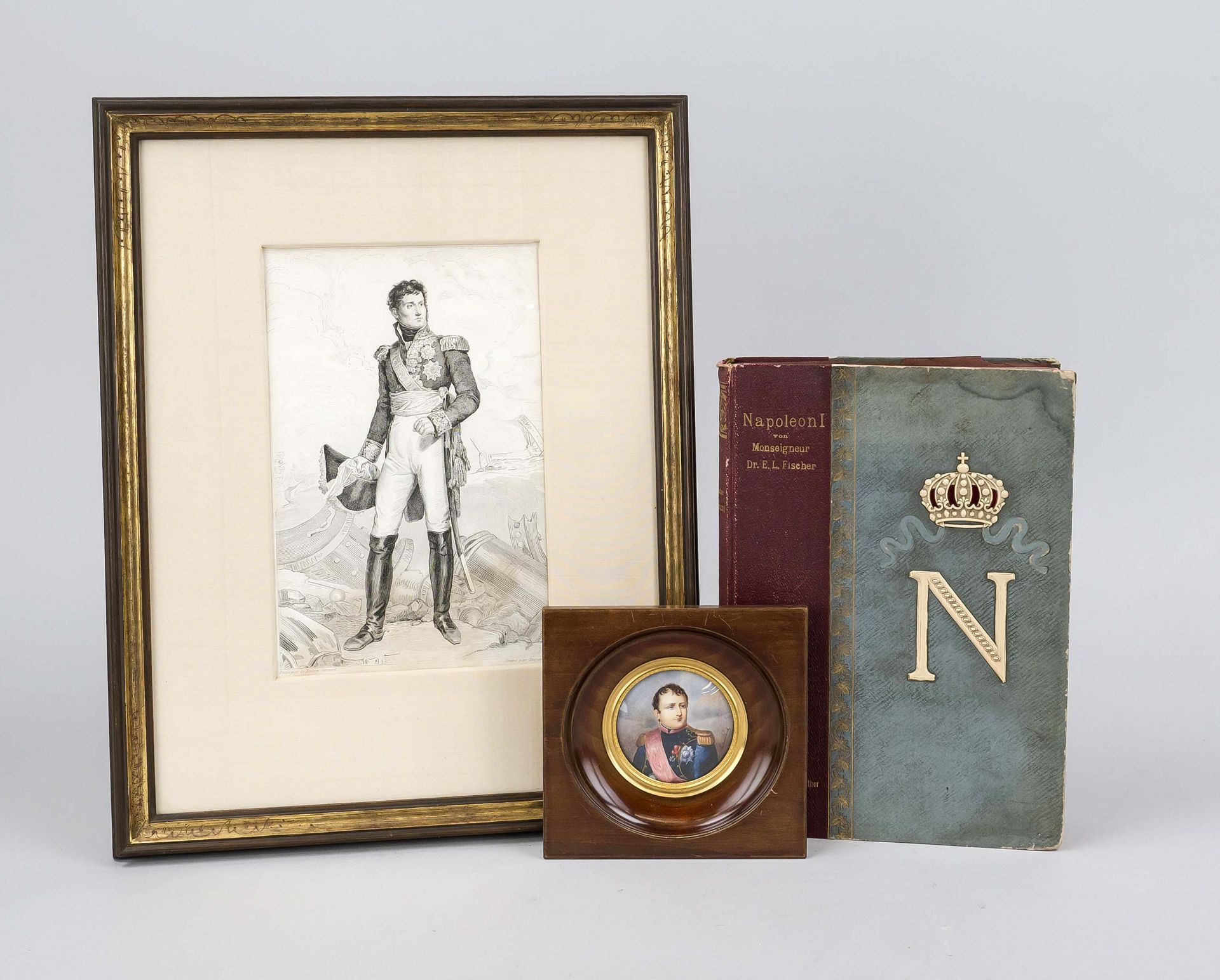 Mixed lot France, 19th century A miniature Napoleon, tempera on bone, signed ''Douilpard''(?), in
