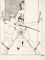 Erotica -- Monogrammist AM a.o., c. 1970, three explicit erotic drawings with dominatrix and SM