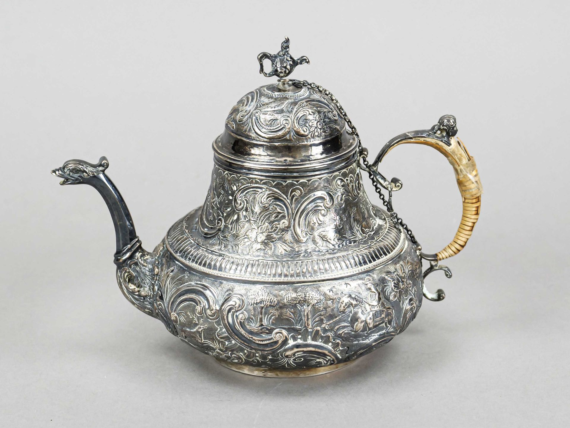 Teapot, Netherlands (?), 18th century, hallmarked silver, tremolier mark, on a round stand,