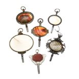 6 antique pocket watch keys, 18th and 19th century, various stones such as agate, carnelian,