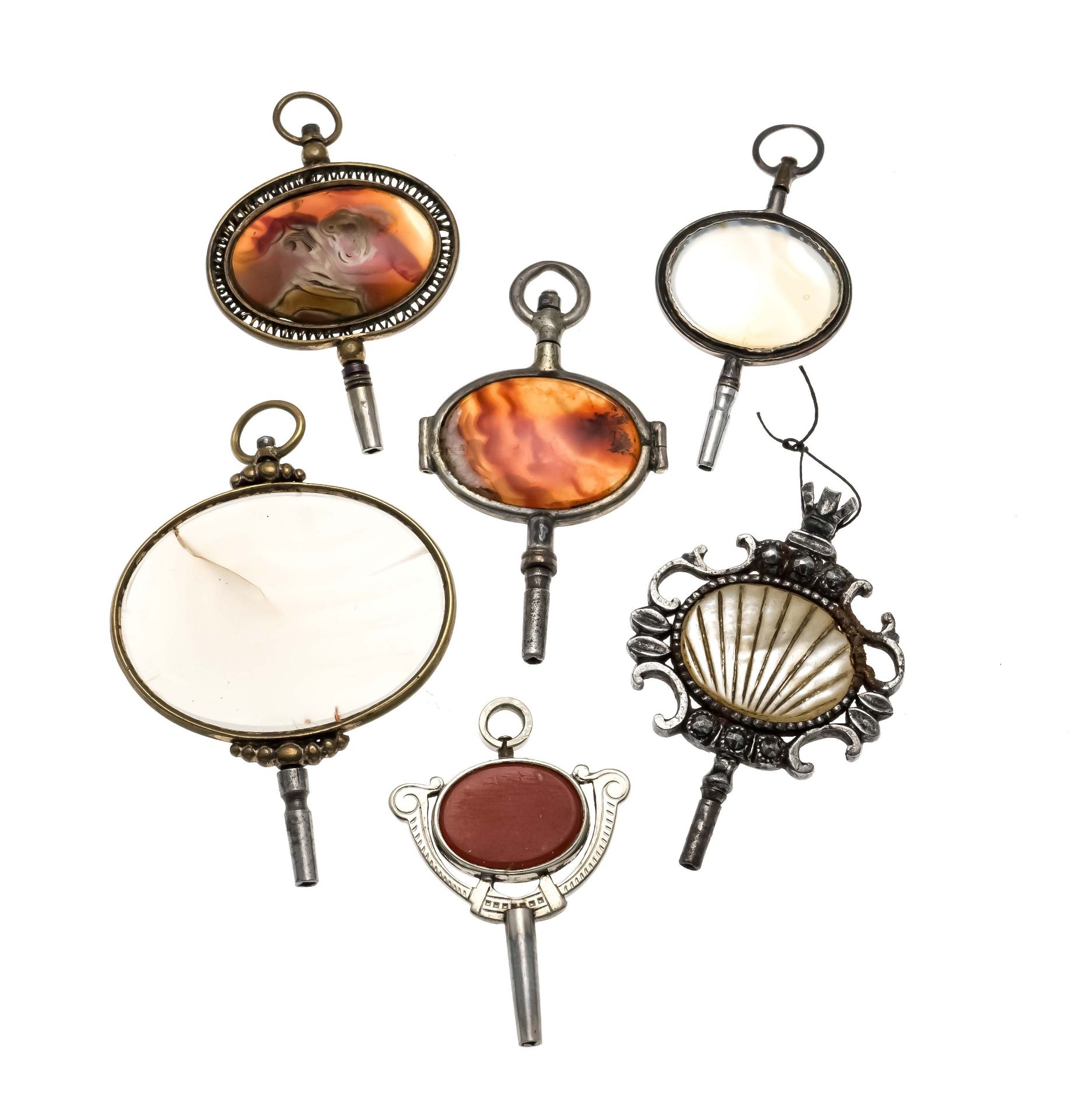 6 antique pocket watch keys, 18th and 19th century, various stones such as agate, carnelian,