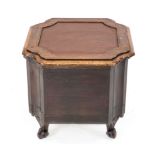 English shoe shine cabinet, 19th century, mahogany, hinged lid, body with fluted corners on volute