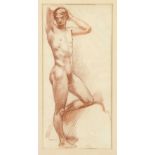 Anonymous draughtsman c. 1910, standing male nude, red chalk on laid paper, unsigned, 43 x 21 cm,