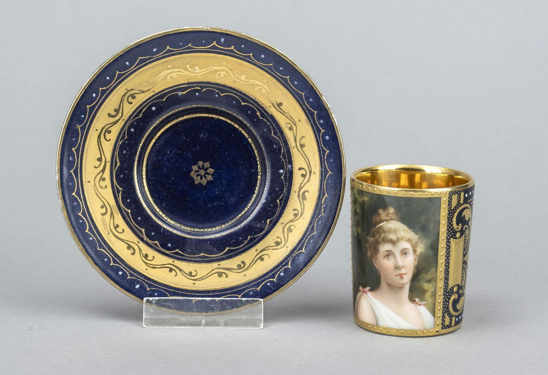 Demitasse cup with saucer, Thuringia, 20th century, cylindrical form with eared handle, the front