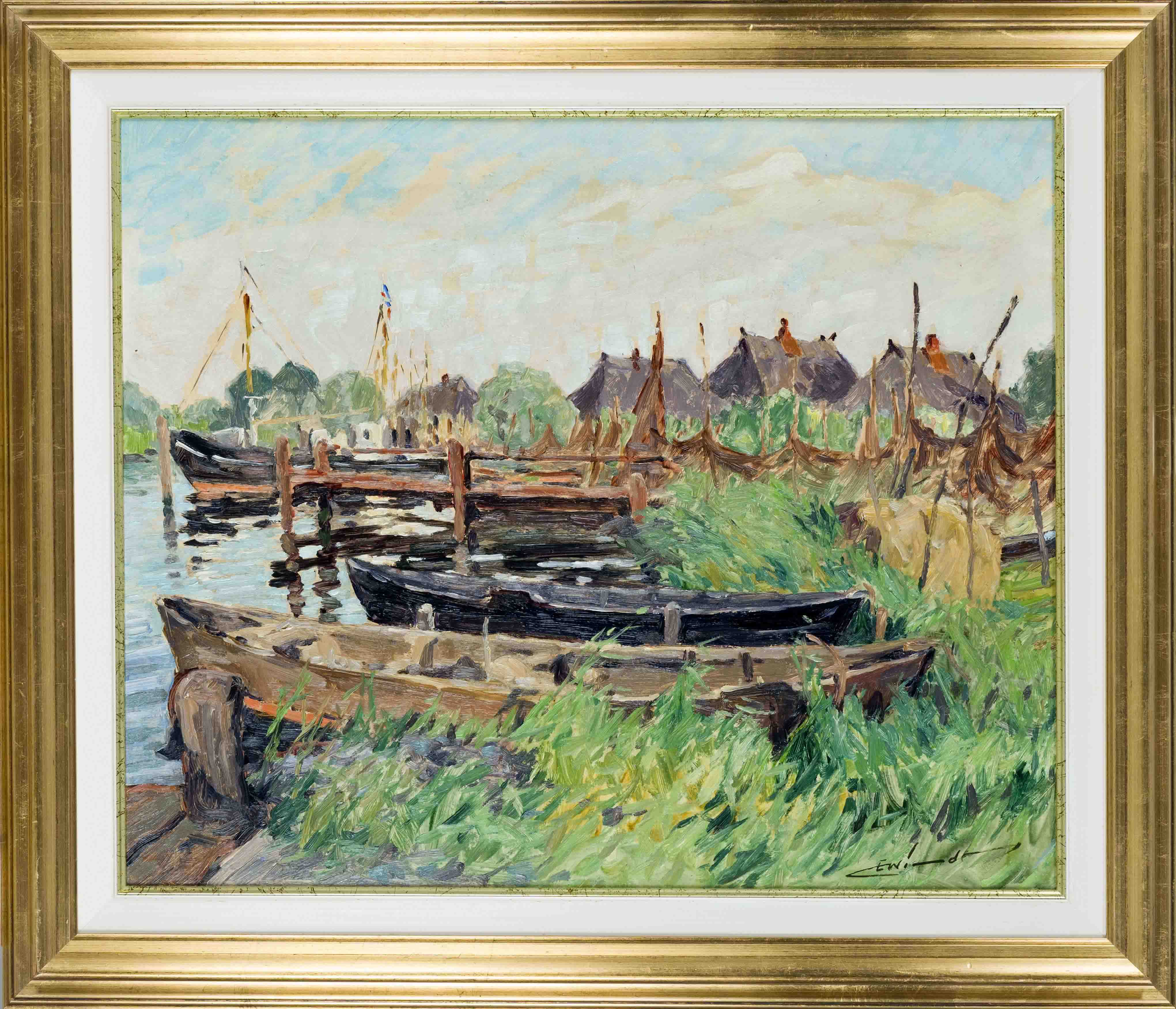 Unidentified Impressionist 1st half 20th century, Fishing boats in Gothmund (Lübeck), oil on card,