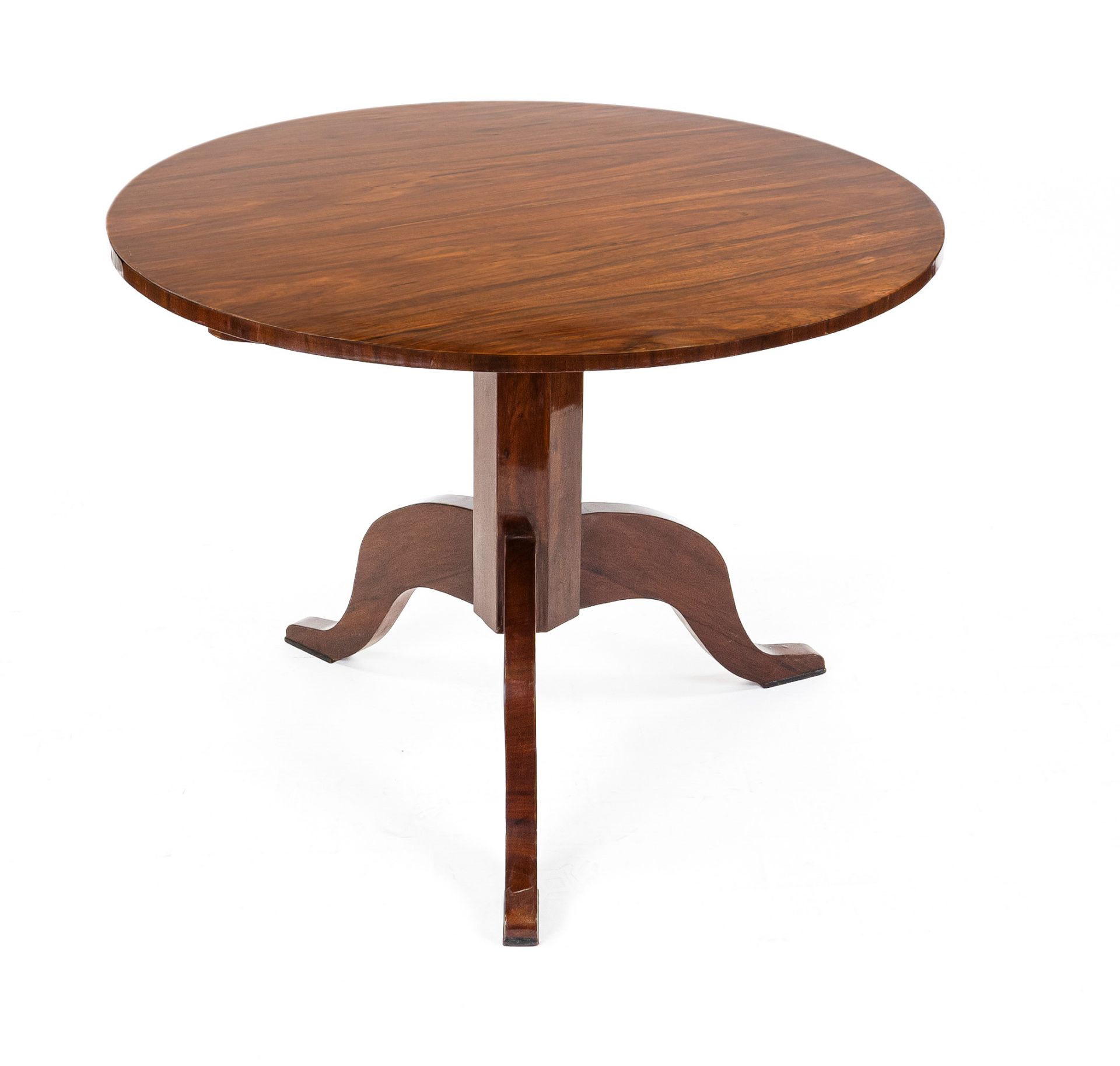 Round table in the Biedermeier style, 20th century, mahogany, octagonal central column on three