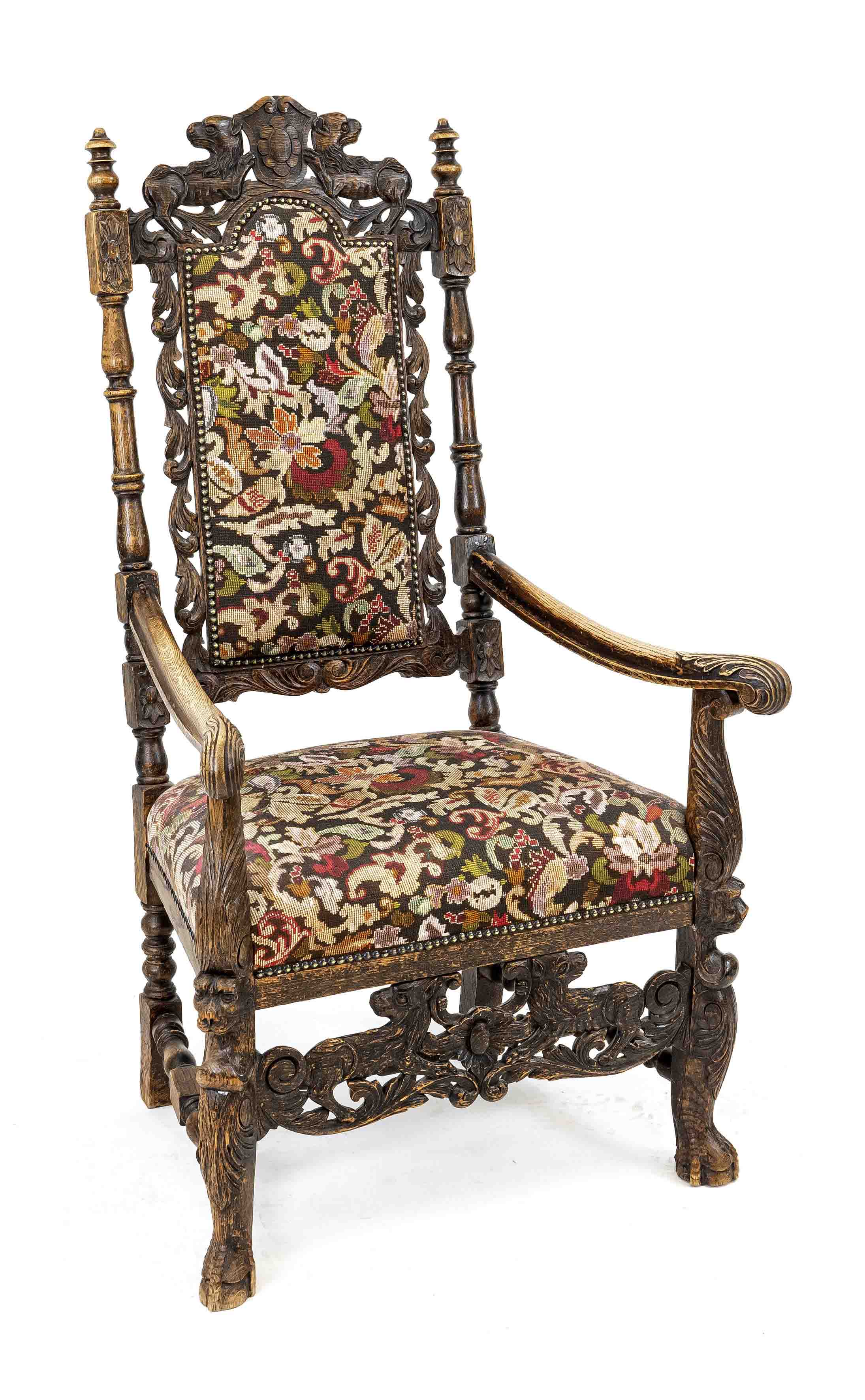 Armchair from around 1880, oak, carving typical of the period, 126 x 70 x 60 cm