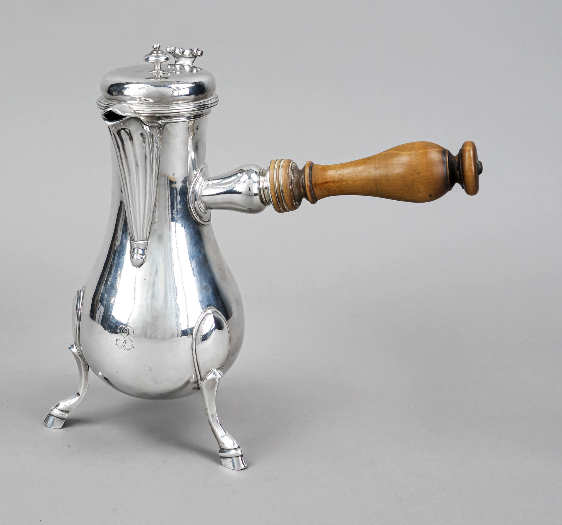 Baroque chocolate jug, France (?), late 18th century, hammered marks, hallmarked silver, on 3 curved