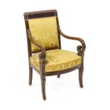 Empire armchair from around 1820, mahogany, partly carved, yellow cover, 95 x 63 x 50 cm - The
