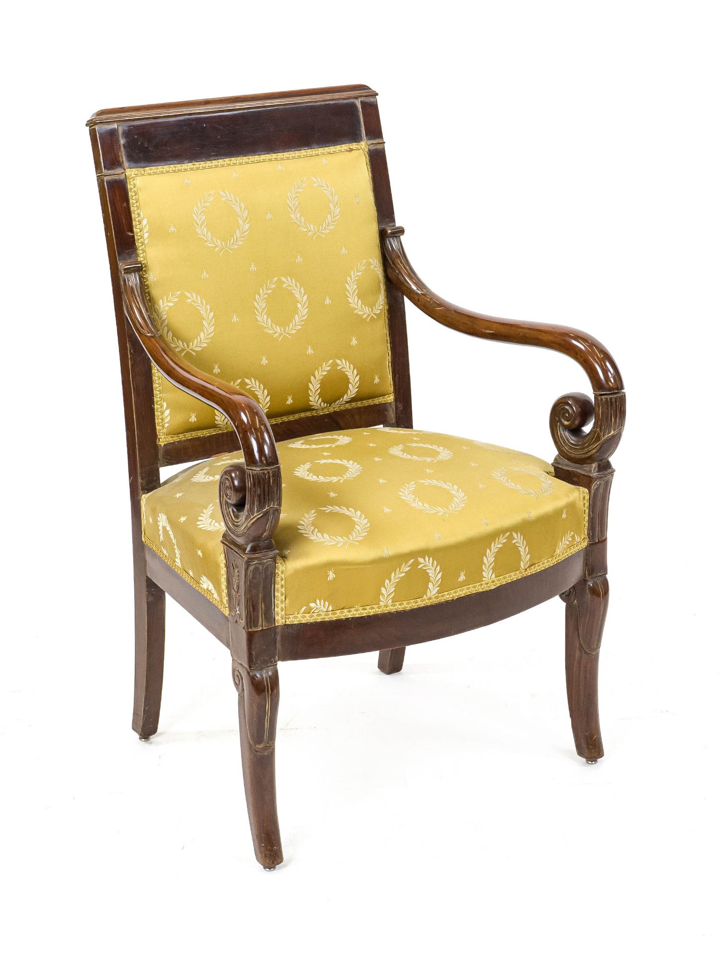 Empire armchair from around 1820, mahogany, partly carved, yellow cover, 95 x 63 x 50 cm - The