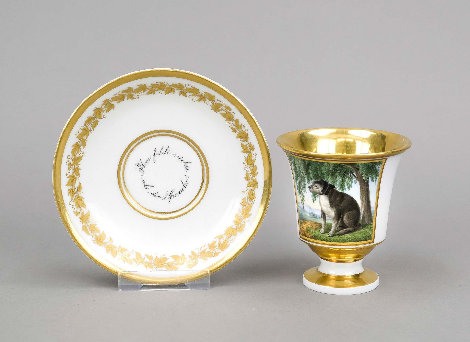 Cup with saucer, Meissen, 18th century, bell-shaped with volute handle, the front reserve with