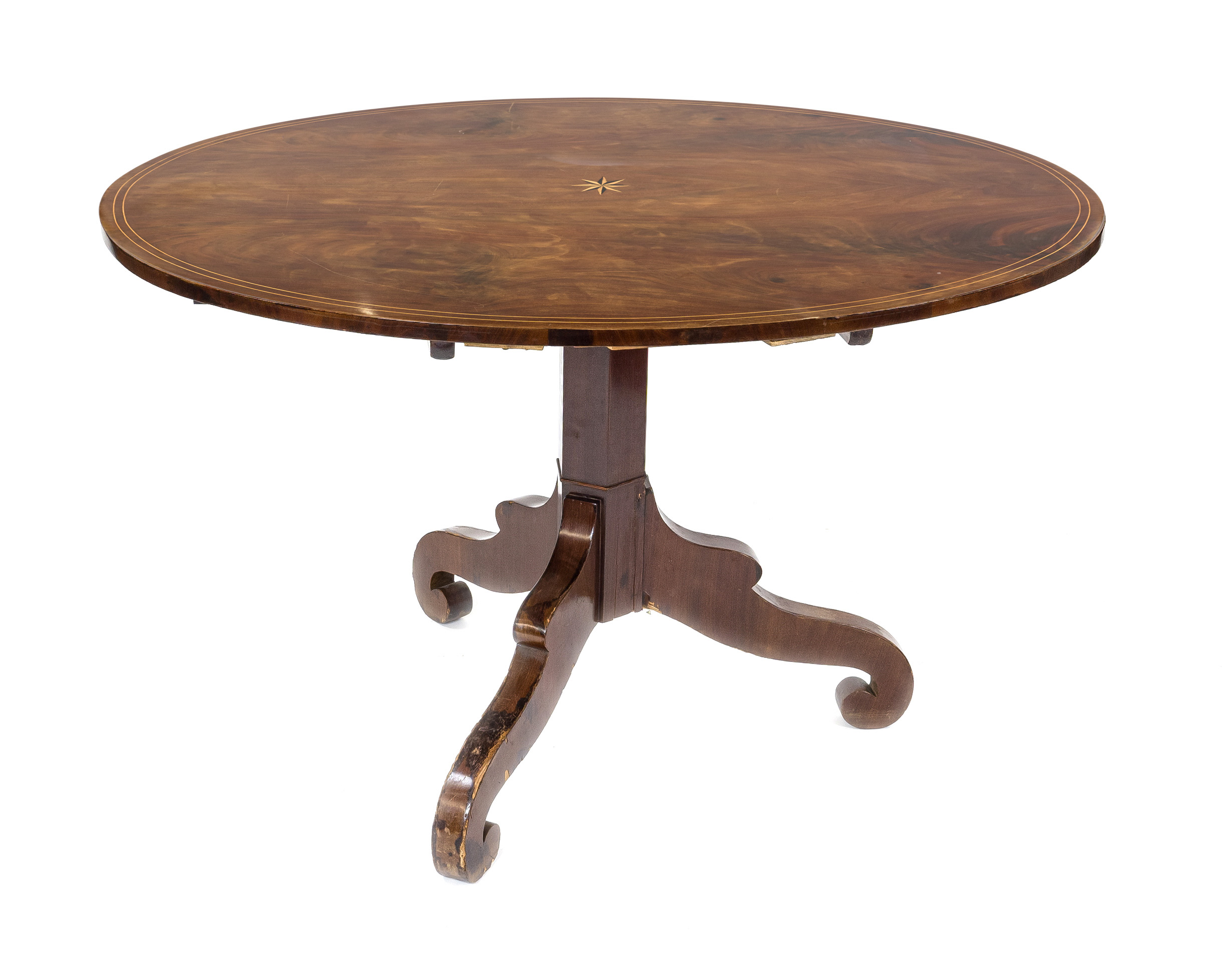 Biedermeier table, early 19th century, mahogany, oval top with double thread inlay and central