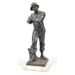 Anonymous sculptor c. 1900, standing miner, patinated metal cast on marble plinth, unsigned, rubbed,