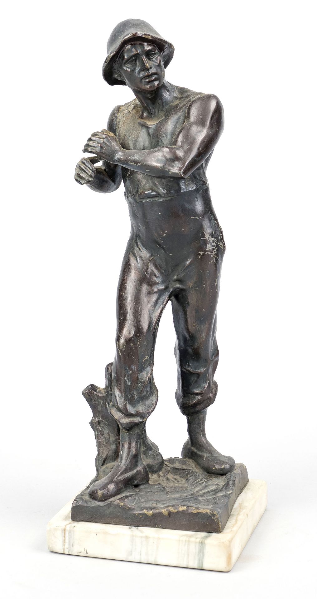 Anonymous sculptor c. 1900, standing miner, patinated metal cast on marble plinth, unsigned, rubbed,