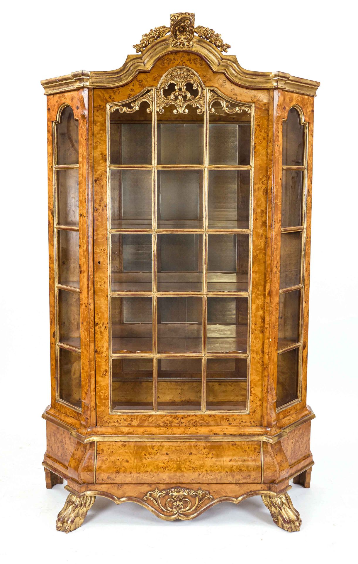 A magnificent display cabinet in Dutch Baroque style, 20th century, bird's-eye maple root veneer,