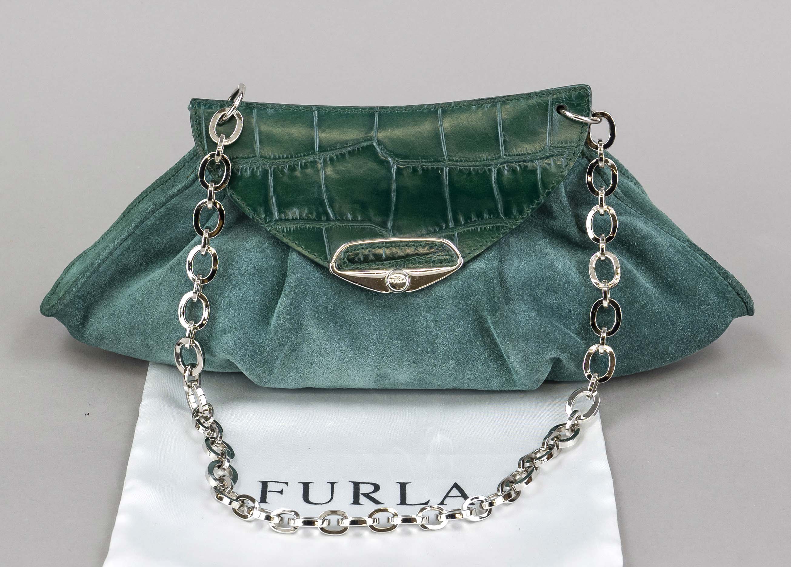 Furla, Small Vintage Suede Leather Evening Bag, fir green suede with details in smooth leather of