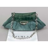 Furla, Small Vintage Suede Leather Evening Bag, fir green suede with details in smooth leather of