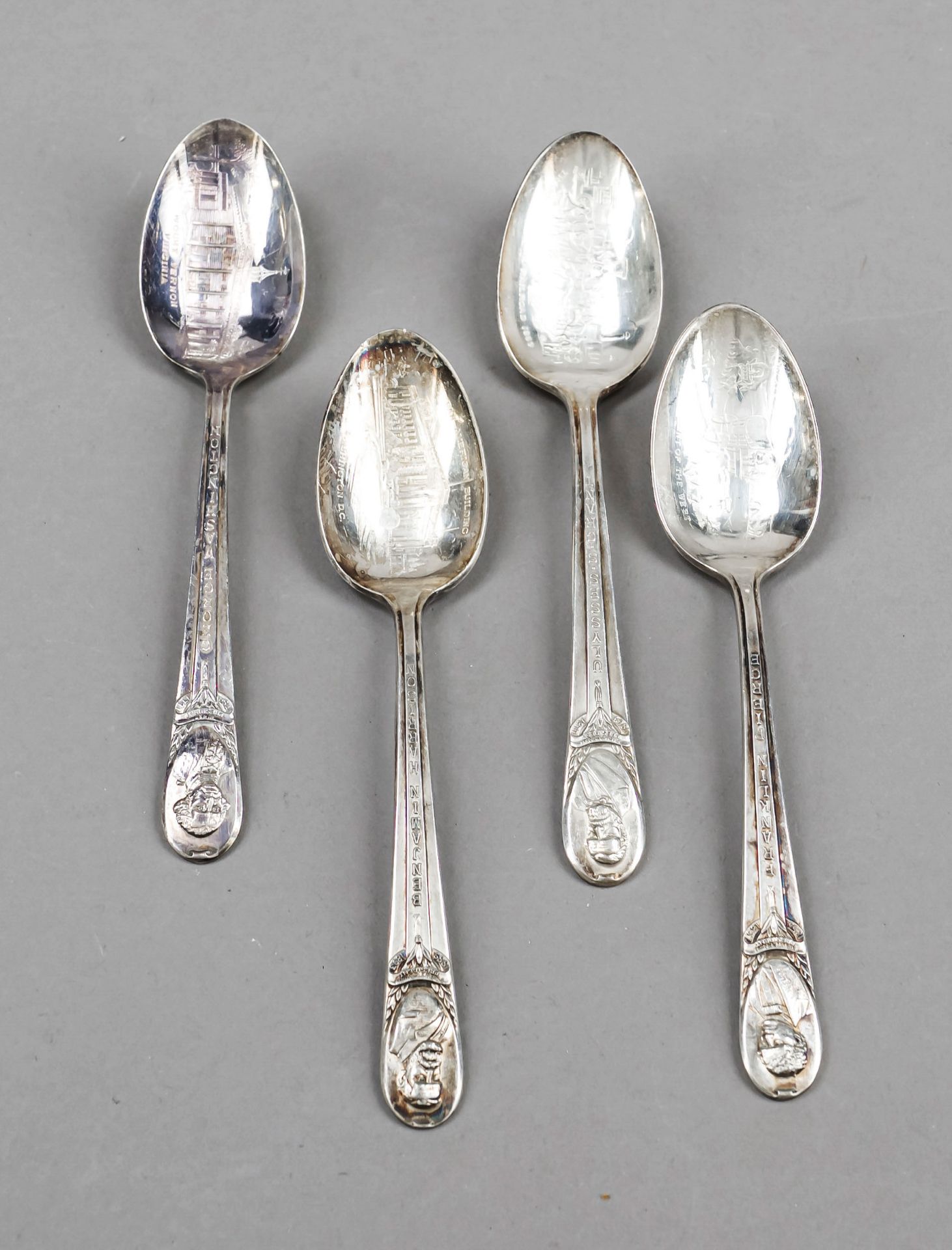 34 Souvenir spoons, USA, 20th century, maker's mark Rogers Mfg. & Co., plated, each with portraits