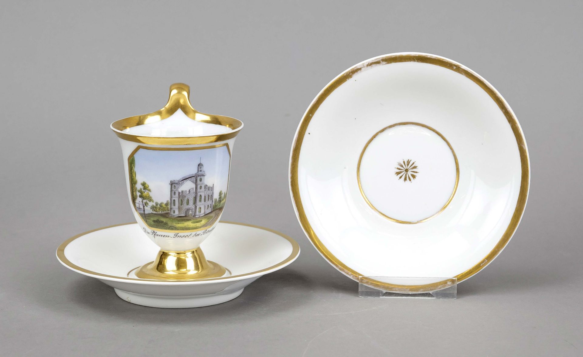 View cup with saucer, KPM Berlin, 1830s, 1st choice, painter's mark for 1823-1832, bell-shaped cup