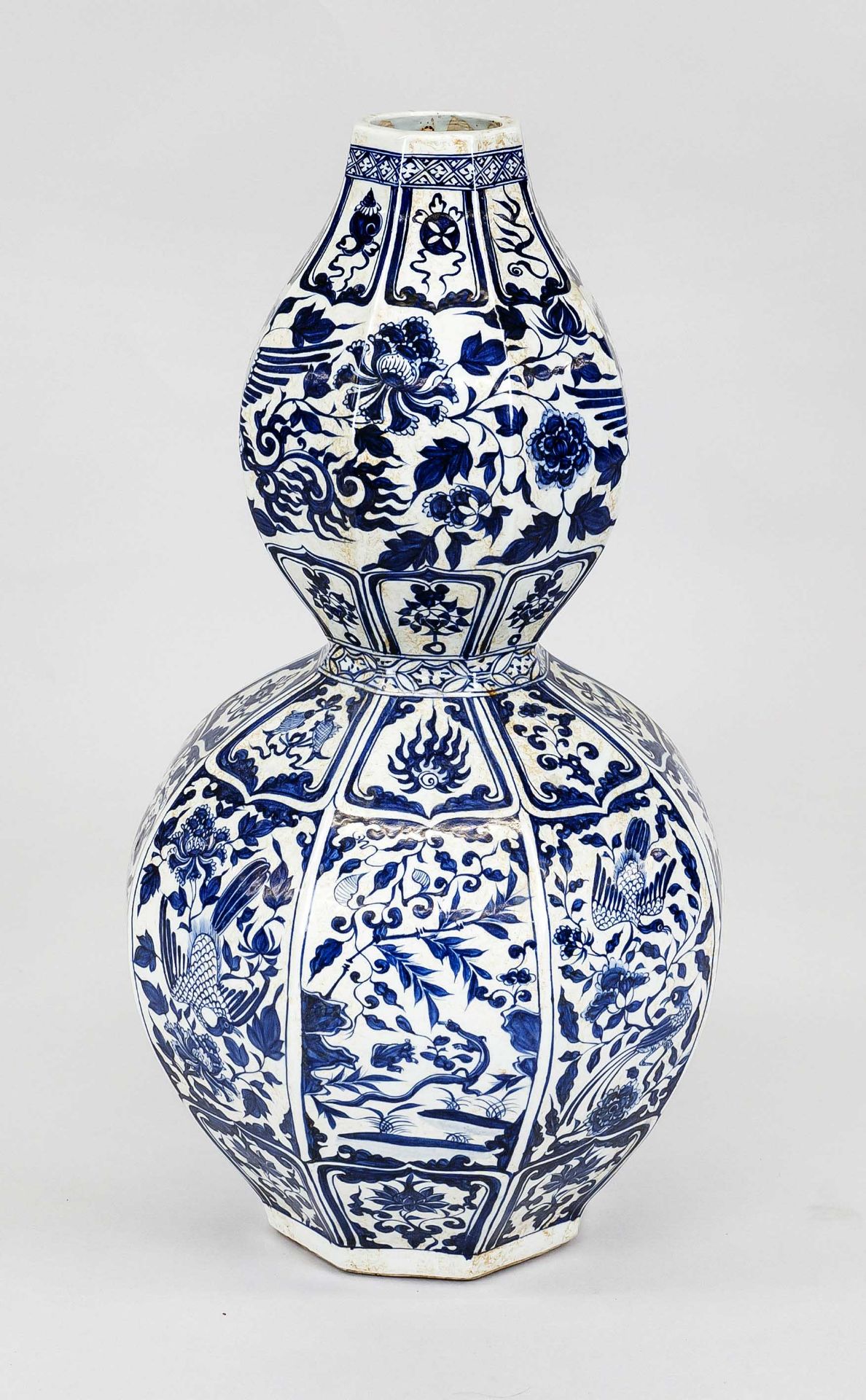 Large octagonal Ming-style double gourd vase, China 20th century, all facets in cobalt blue with